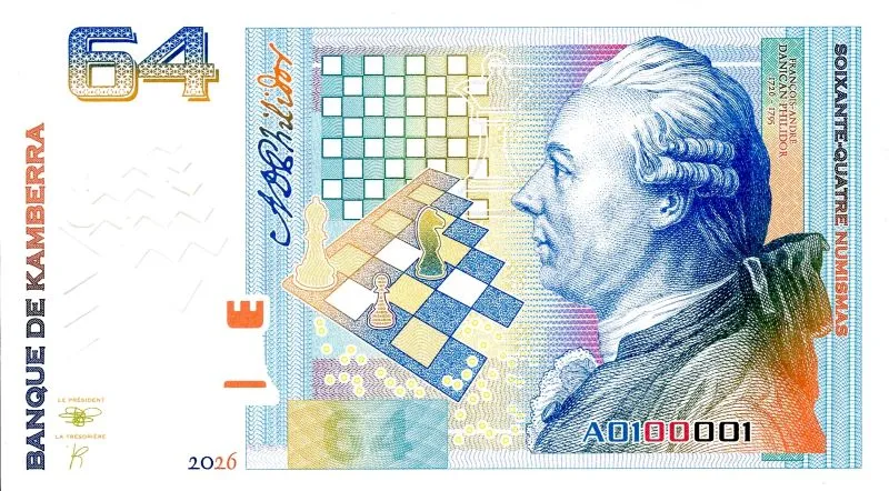 billet de 64 numismas réalisé par l'artiste Franck Medina à l'occasion du 43e salon du papier-monnaie de 2026