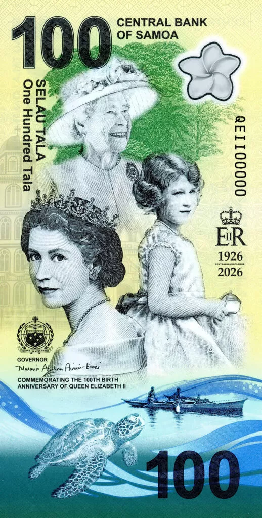 recto du billet de 100 tala de Samoa qui commémore le centenaire de la naissance de la Reine Elizabeth II