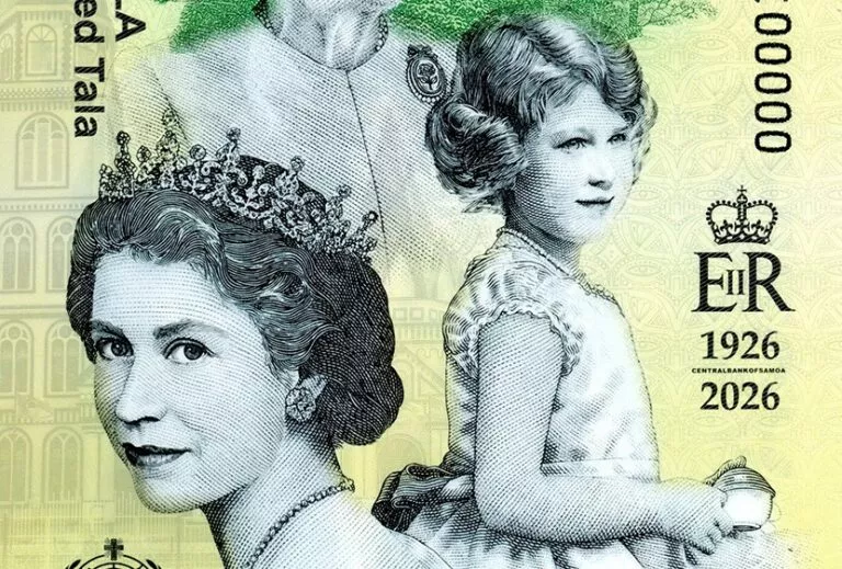 détail du billet de 100 tala de Samoa qui commémore le centenaire de la naissance de la Reine Elizabeth II