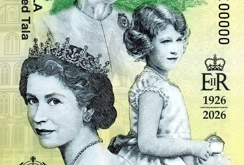détail du billet de 100 tala de Samoa qui commémore le centenaire de la naissance de la Reine Elizabeth II