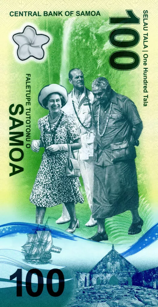 verso du billet de 100 tala de Samoa qui commémore le centenaire de la naissance de la Reine Elizabeth II